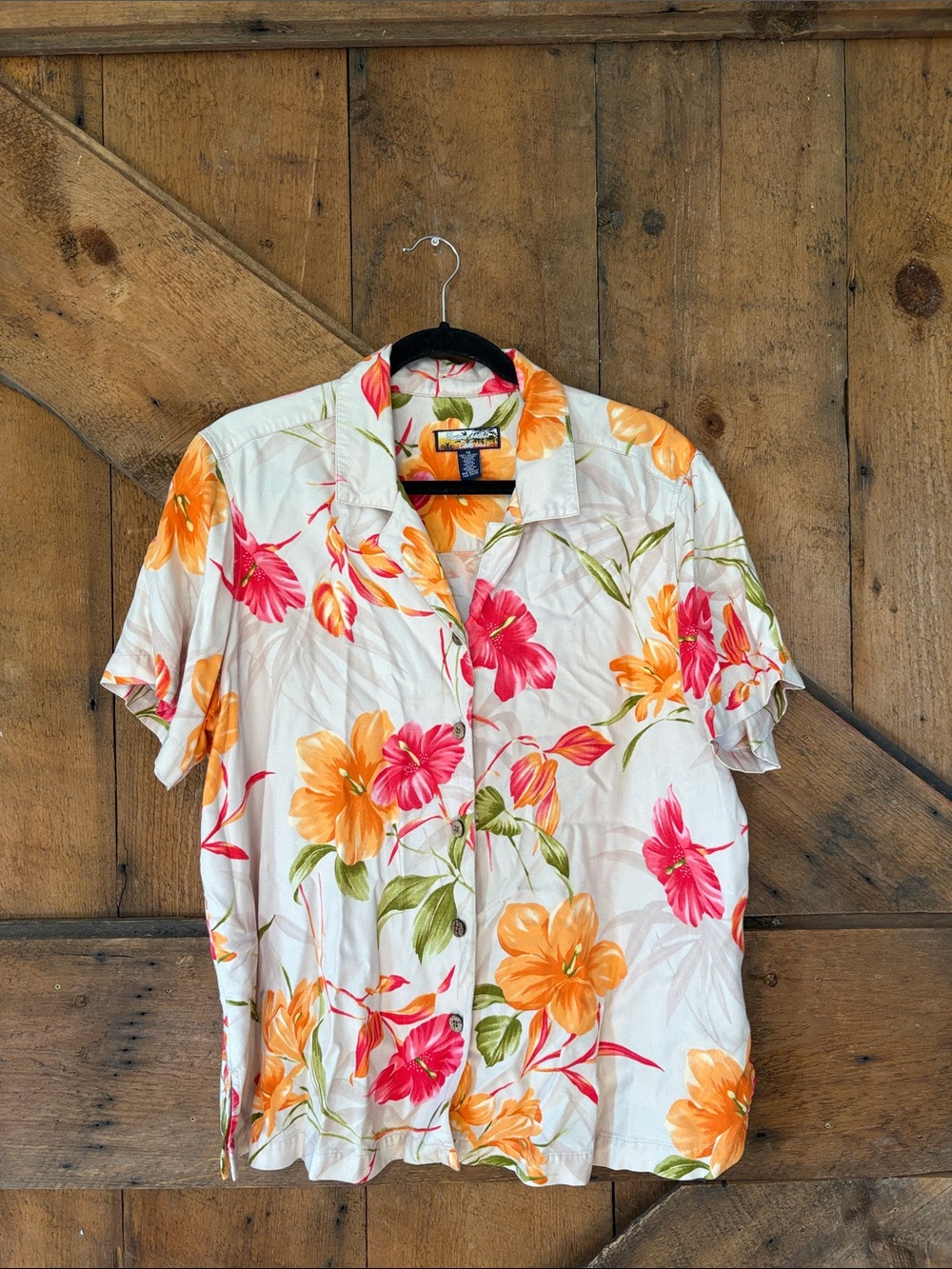 Havana Jack's Cafe Floral Button Down Shirt Womens 1X Pink Orange Tropical Rayon